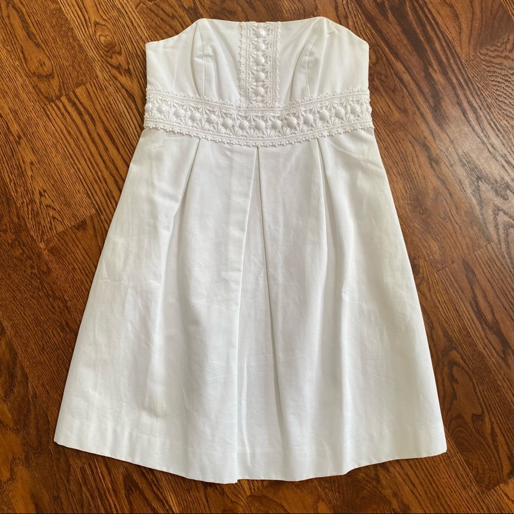 SEXY Strapless White Cotton Lilly Pulitzer Dress Bead & Lace Embellished Size 4